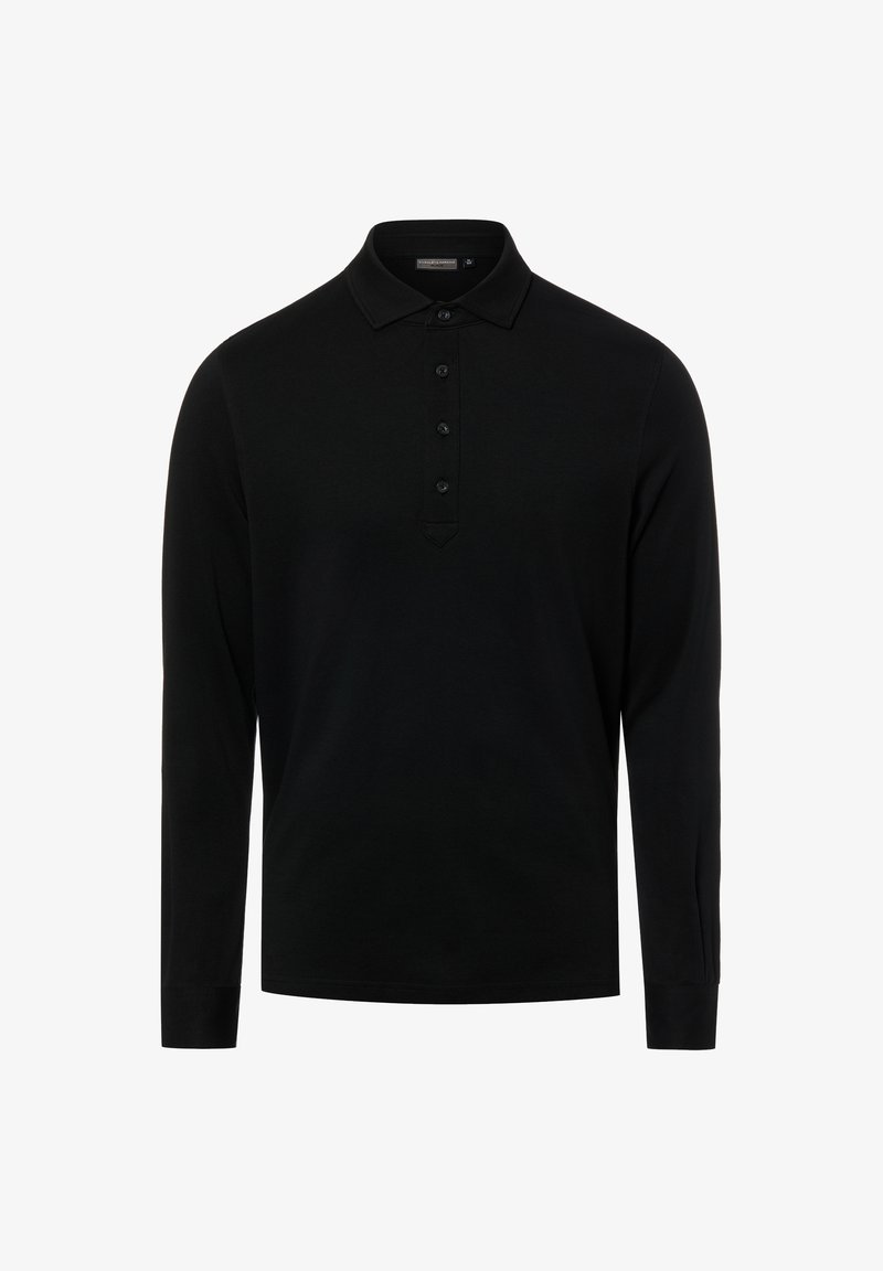Polo noir à manches longues avec un col classique et quatre boutons noirs sur la patte de boutonnage avant.