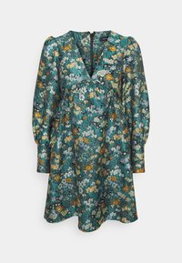 Blumenkleid aus reichhaltigem Teal-Stoff mit Puffärmeln, tiefem V-Ausschnitt und floralen Mustern in Orange, Gelb und Weiß. Mit einem Reißverschluss hinten.