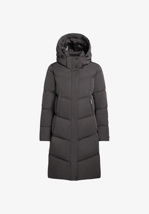 Garšs tumši pelēks pufīgs mētelis ar kapuci, ar quilted dizainu, priekšējiem pogām un divām sānu kabatām funkcionalitātei.