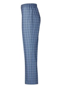 Gecontroleerde blauwe broek met een elastische tailleband, rechte pijpen en een lichtgewicht stof met een gladde textuur.