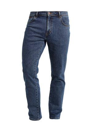 Jeans in denim blu scuro slim fit con cinque tasche e chiusura con bottone in rame, mostrati su sfondo bianco.