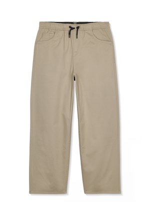 Pantalon décontracté beige avec taille élastique et cordon noir, poches avant, coupe droite, présenté à plat sur fond blanc.