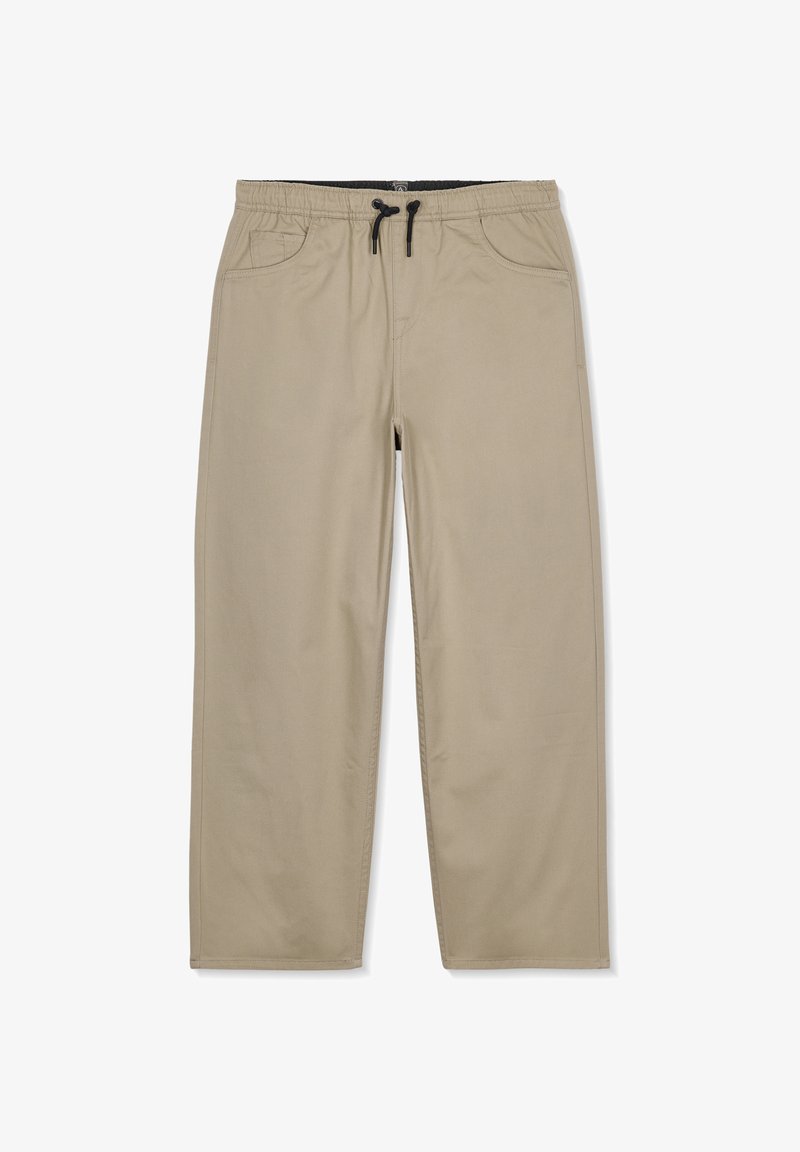 Pantalon décontracté beige avec taille élastique et cordon noir, poches avant, coupe droite, présenté à plat sur fond blanc.