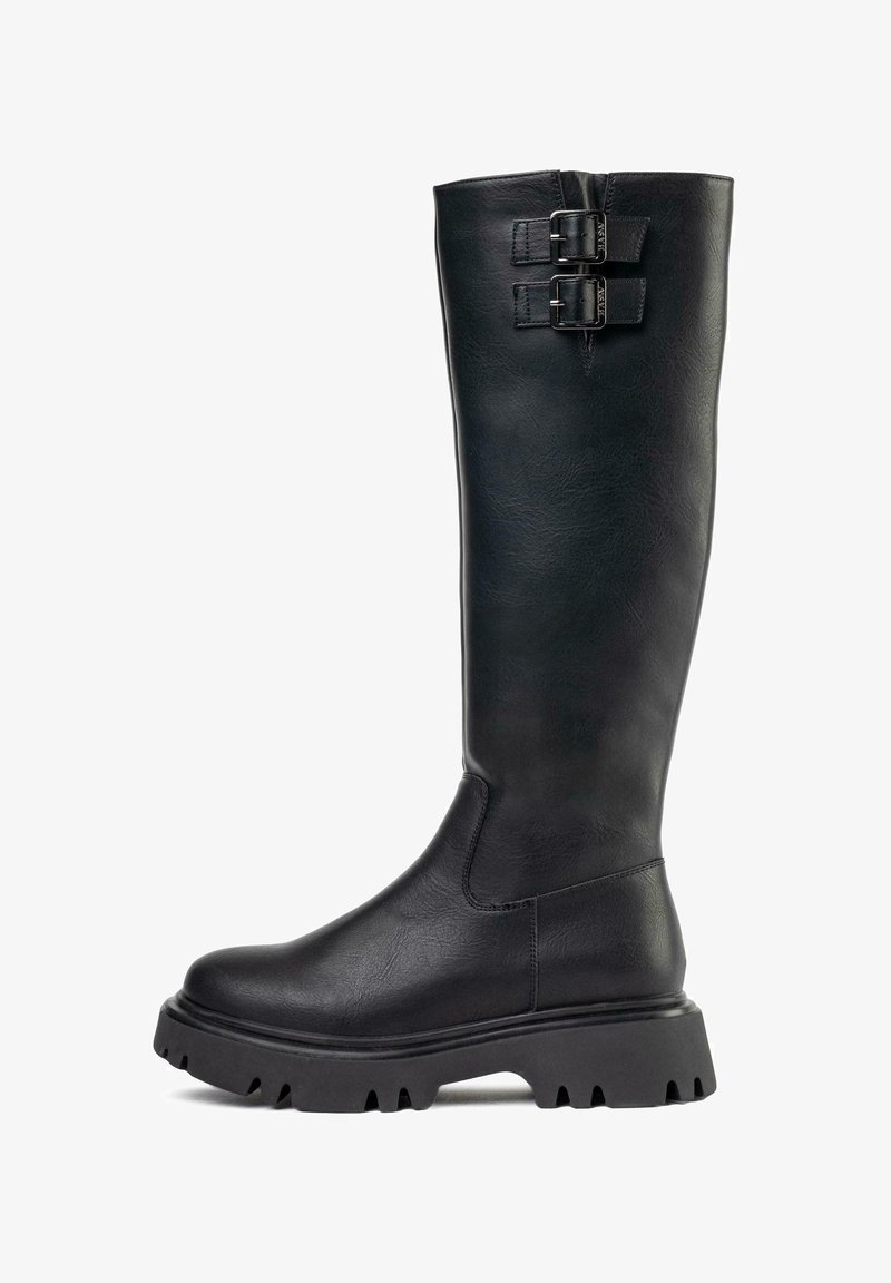 Knee-high black faux leather boot with two buckle accents on the upper. Chunky rubber sole with deep treads and a smooth texture.