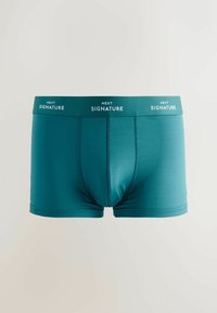 Tyrkysové trenýrky vyrobené z hladkého materiálu s brandovaným pasem. Mají přiléhavý střih a šití na přední části a po bocích.
