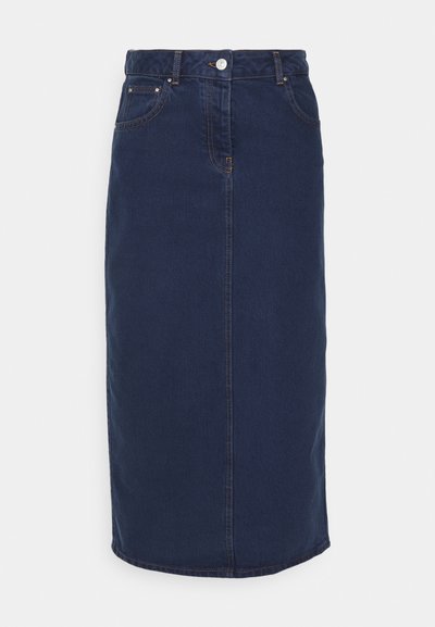 Mørkeblå denim blyantskjørt med frontknapping, beltehank og sidelommer, synlige sømmer og rett skjæring.
