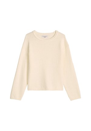 Kremowy, długi sweter z wełny z okrągłym dekoltem i lekko teksturowaną tkaniną, marki Marc O’Polo Denim.