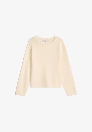 Kremowy, długi sweter z wełny z okrągłym dekoltem i lekko teksturowaną tkaniną, marki Marc O’Polo Denim.