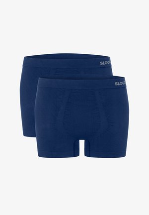 Deux boxers pour hommes bleu marine avec une ceinture élastique marquée, empilés sur un fond blanc.