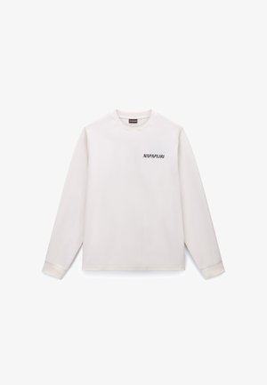 Hvit langermet t-skjorte med rund hals, med en svart "NAPAPIJRI"-logo på venstre bryst. Mykt stoff, enkelt design og sydd detaljer.