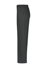 Pantalons élastiques gris foncé, design à jambe droite, tissu texturé et détails de couture latérale. Pas de poches visibles ni d'ornements.