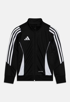Schwarze Sportjacke mit weißen Seiteneinsätzen und drei weißen Streifen an den Ärmeln. Verfügt über einen Stehkragen und einen Reißverschluss vorne. "AEROREADY"-Label am Saum.