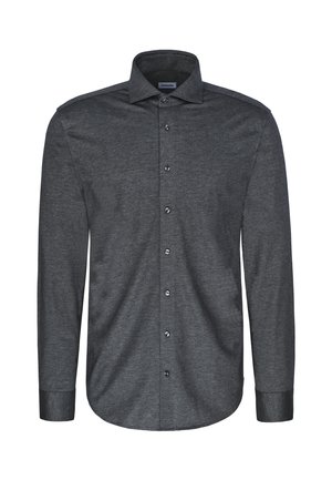 Camicia grigio scuro a maniche lunghe con bottoni, collo classico e polsini abbottonati, mostrata su sfondo bianco.