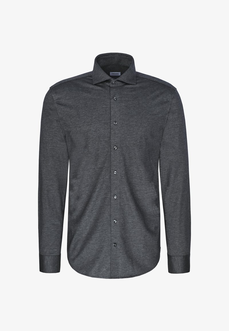 Chemise gris foncé à manches longues avec boutons, col classique et poignets boutonnés, présentée sur fond blanc.