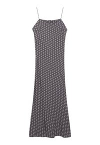 Hihaton, midi-pituinen mekko, jossa on tiivistetty siluetti. Mekossa on harmaan ja valkoisen geometrinen kuvio, ja se on valmistettu kevyestä kankaasta.