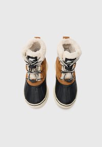 Bottes d'hiver marron et noires avec doublure en polaire blanche et lacets rayés, présentées en vue de dessus sur un fond blanc.