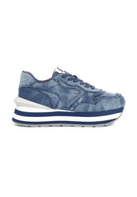 Baskets en denim avec une surface texturée, présentant une semelle plateforme rayée bleue et blanche, un design à lacets et des détails de coutures subtils.