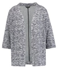 Otwarte kardigany z teksturowanego, szarego i białego tricot. Krótkie rękawy, luźny krój, średnia długość, z gładką podszewką i bez zapięć.