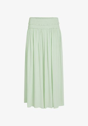 Falda plisada de color verde claro con cintura fruncida, diseño fluido y textura suave. Mide hasta la mitad de la pantorrilla. Sin patrones visibles ni herrajes.