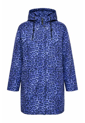 Blauwe leopardprint waterdichte jas met capuchon, voorzien van een rits aan de voorkant, bindkoord in de capuchon en twee zakken aan de voorkant.