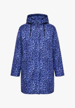 Niebieska przeciwdeszczowa kurtka z kapturem w leopardzi wzór, z przednim zamkiem błyskawicznym, kapturem ze sznurkiem i dwoma przednimi kieszeniami.