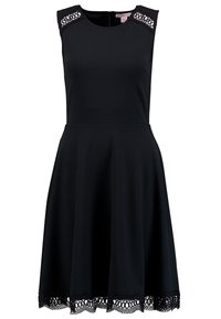 Czarna bezrękawnikowa sukienka z koronkowymi akcentami na ramionach, rozkloszywany dół, gładka tekstura oraz ozdobne, falbaniaste wykończenie z koronki.