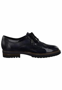 Marineblaue Lederschuhe mit polierter Oberfläche, verziert mit Brogue-Details, abgerundeter Schuhspitze und niedrigem Absatz mit strukturierter Sohle.