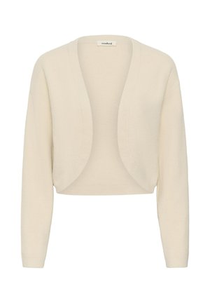 Roomkleurig, kort openvallend vest met lange mouwen en een afgeronde zoom, gemaakt van zachte gebreide stof.