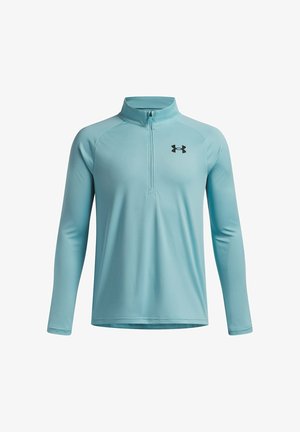 Jasnoniebieska sportowa bluza z długim rękawem z zamkiem do ćwiartki i czarnym logo Under Armour na lewej piersi.