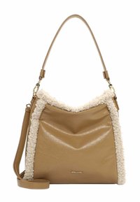 Borsa a mano in pelle color cuoio con bordo in lana cremosa testurizzata, dotata di una singola tracolla e un design elegante e morbido. Dettagli in metallo dorato.