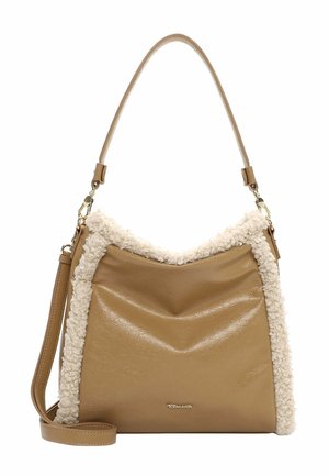 Sac à main en cuir fauve avec une bordure en laine crème texturée, doté d'une seule bandoulière et d'un design élégant et décontracté. Accents de quincaillerie dorée.