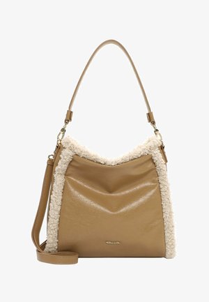 Tan-värvi nahast käekott, millel on tekstuuriga kreemja villase äärisega, üks õlarihm ja elegantne, lahtine disain. Kullavärvilised riistvaraaktsendid.