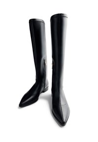 Black leather knee-high boots with a pointed toe, featuring a side zipper and a flat sole. Smooth texture and minimalistic design.