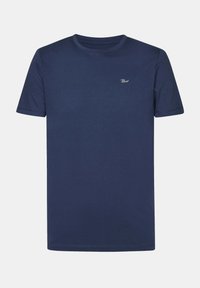 T-shirt a maniche corte blu navy in cotone, con scollatura rotonda e un piccolo logo ricamato sul petto. Texture liscia.