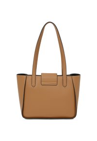 Sac fourre-tout en cuir tan avec deux longues poignées, forme rectangulaire, fermeture à rabat supérieur et bord noir contrastant le long des coutures.