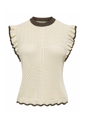 Haut sans manches en maille crème avec motifs texturés, bords de manches à volants marron et encolure ronde côtelée marron.