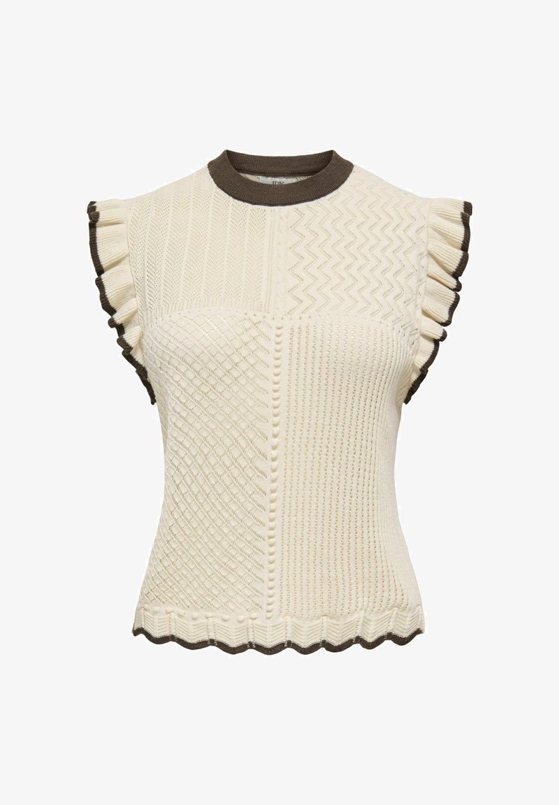 Haut sans manches en maille crème avec motifs texturés, bords de manches à volants marron et encolure ronde côtelée marron.
