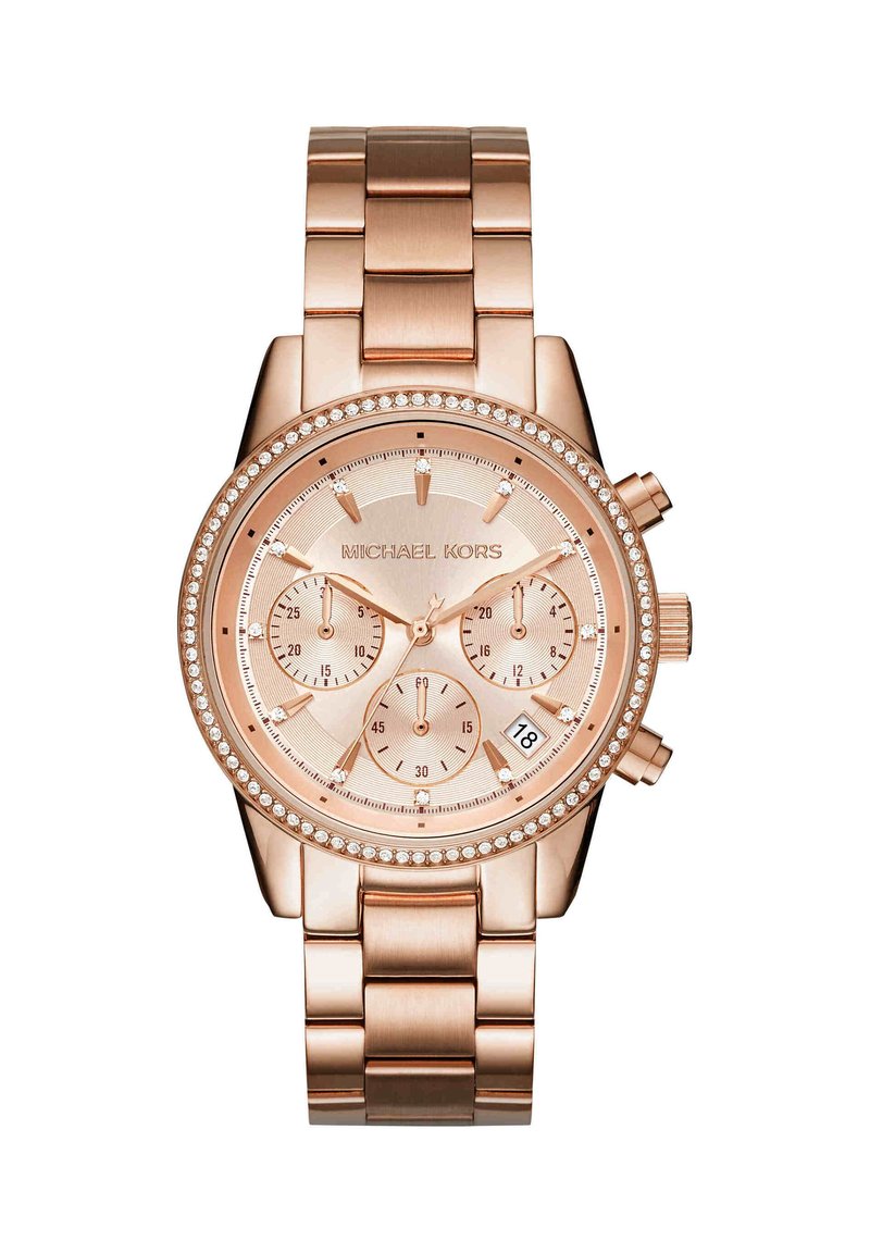 Růžově zlaté hodinky Michael Kors s krystalovým rámečkem, třemi subčíselníky, zobrazením data na 4. hodině a kovovým náramkem.