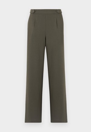Olive green trousers with a straight-leg design, featuring two buttons at the waist and front pleats for added detail.