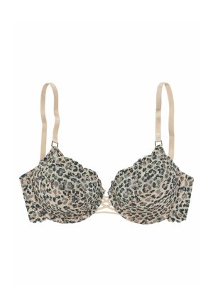 Leopardi mustriga rinnahoidja polsterdatud tassidega, sakilise äärisega ja beežide rihmadega. Omab ristimist keskel ja traaditoe tuge.