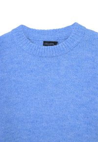 Maglione azzurro chiaro lavorato a maglia con un collo rotondo a coste. La texture sembra morbida e leggermente pelosa, con un'etichetta che riporta la dicitura "CALLIOPE."