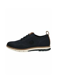 Schwarze Mesh-Sneaker mit braunen Akzenten, Schnürdesign, abgerundeter Zehenpartie und weißer Zwischensohle. Verfügt über eine strukturierte Oberfläche und ein gemustertes seitliches Detail.