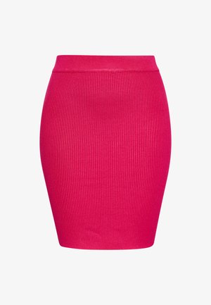 Kitsas roosa ribatud seelik kõrge vöökoht, valmistatud venivast kangast, millel on sile tekstuur ja keha järgiv siluett.