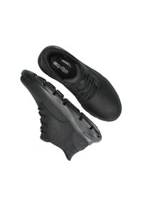 Scarpe da ginnastica nere con una parte superiore liscia in gomma e suola antiscivolo. Presentano un design con lacci e una soletta imbottita per il comfort.