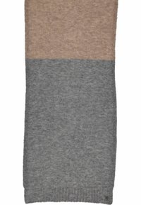 Écharpe en tricot avec un design bicolore ; moitié supérieure en marron clair et moitié inférieure en gris foncé. Texture douce avec un bord côtelé.