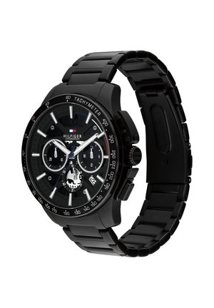 Black stainless steel Tommy Hilfiger chronograph wristwatch with tachymeter bezel and three subdials showing date and time functions.