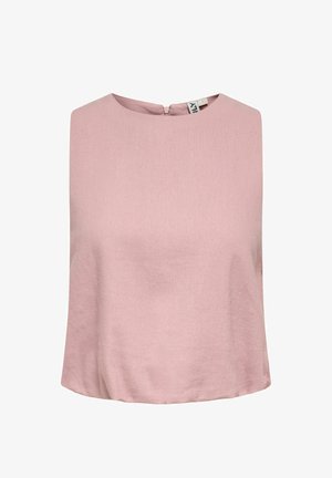Bluza fără mâneci roz pal, cu decolteu rotund și închidere cu fermoar la spate, confecționată dintr-un material neted și ușor.