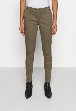Olive green cargo pants with a slim fit, featuring side pockets and a button closure, made from a smooth, textured cotton blend.