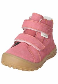 Scarpa alta rosa con doppie chiusure in Velcro, tomaia in pelle testurizzata, colletto imbottito e suola in gomma con motivo antiscivolo.