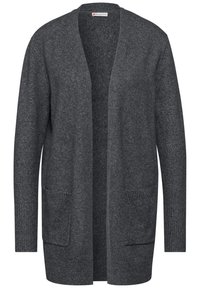 Cardigan grigio scuro con apertura frontale, maniche lunghe, due tasche frontali, polsini a costine e tessuto testurizzato. Design semplice e senza fronzoli.